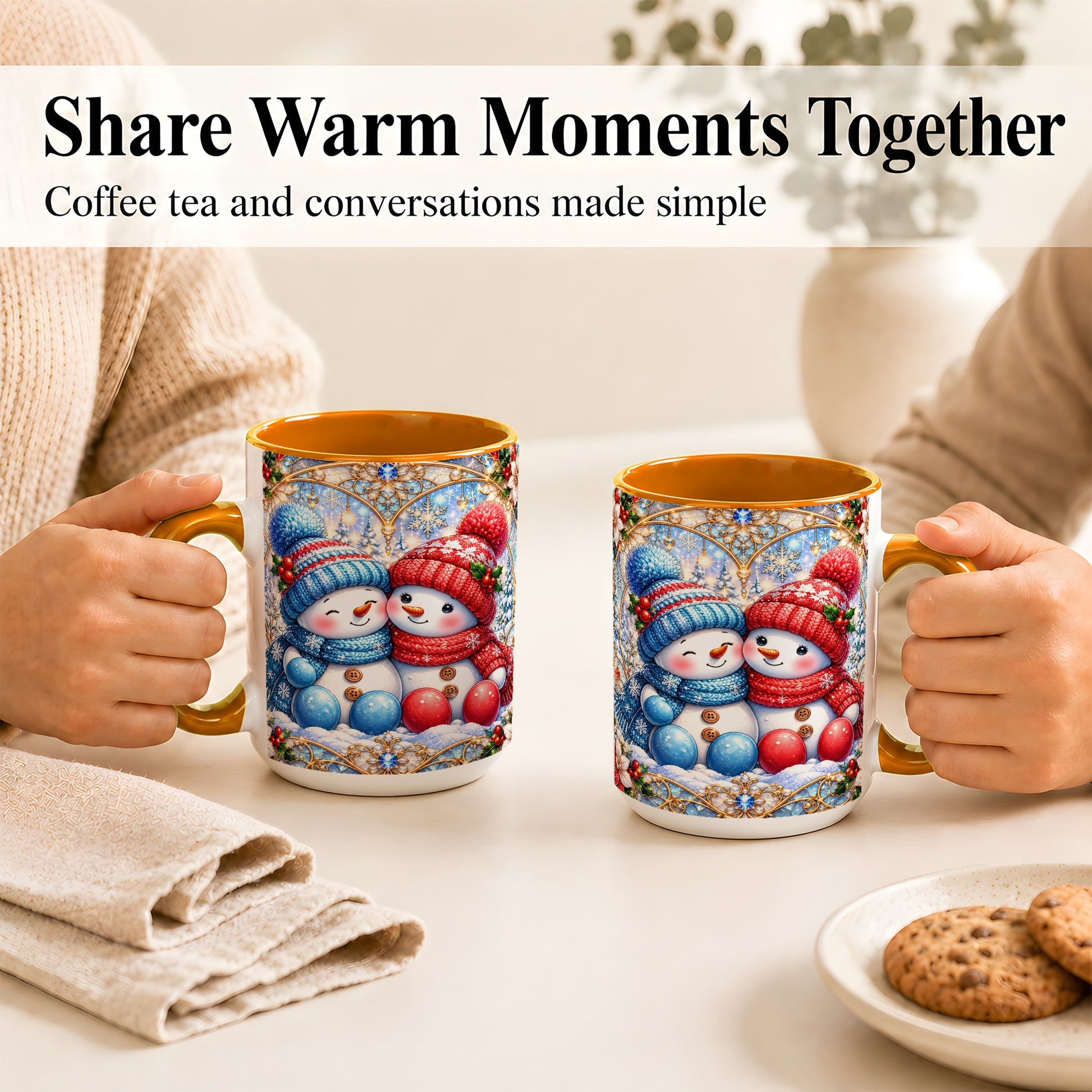 #pl[15oz|Orange] Snowman Couple Coffee Mug, Christmas Snowman Mug, Ceramic Cup