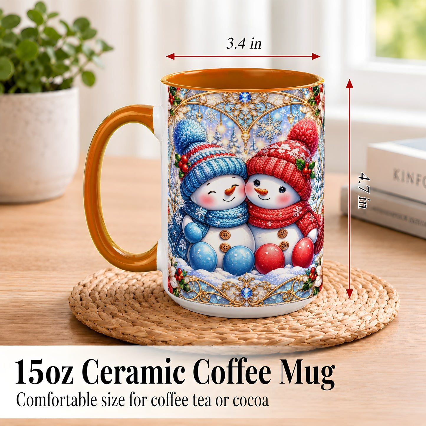 #pl[15oz|Orange] Snowman Couple Coffee Mug, Christmas Snowman Mug, Ceramic Cup
