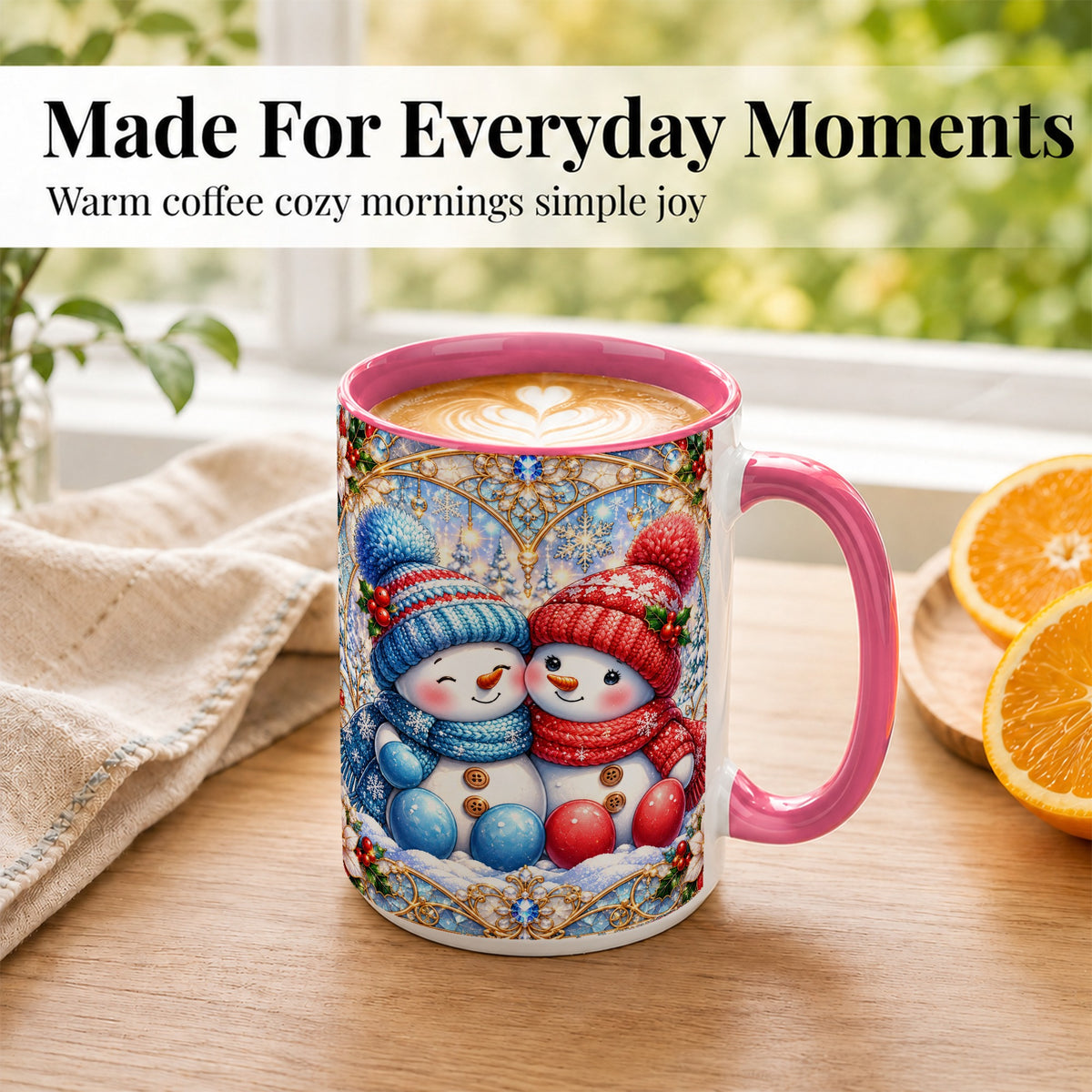 #pl[15oz|Pink] Snowman Couple Coffee Mug, Christmas Snowman Mug, Ceramic Cup