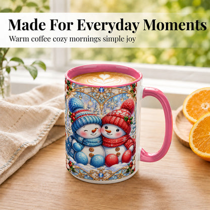 #pl[15oz|Pink] Snowman Couple Coffee Mug, Christmas Snowman Mug, Ceramic Cup