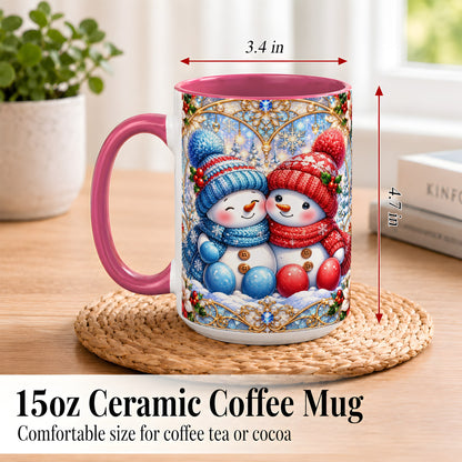 #pl[15oz|Pink] Snowman Couple Coffee Mug, Christmas Snowman Mug, Ceramic Cup