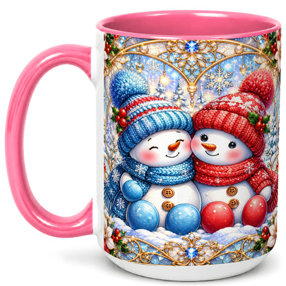 #pl[15oz|Pink] Snowman Couple Coffee Mug, Christmas Snowman Mug, Ceramic Cup