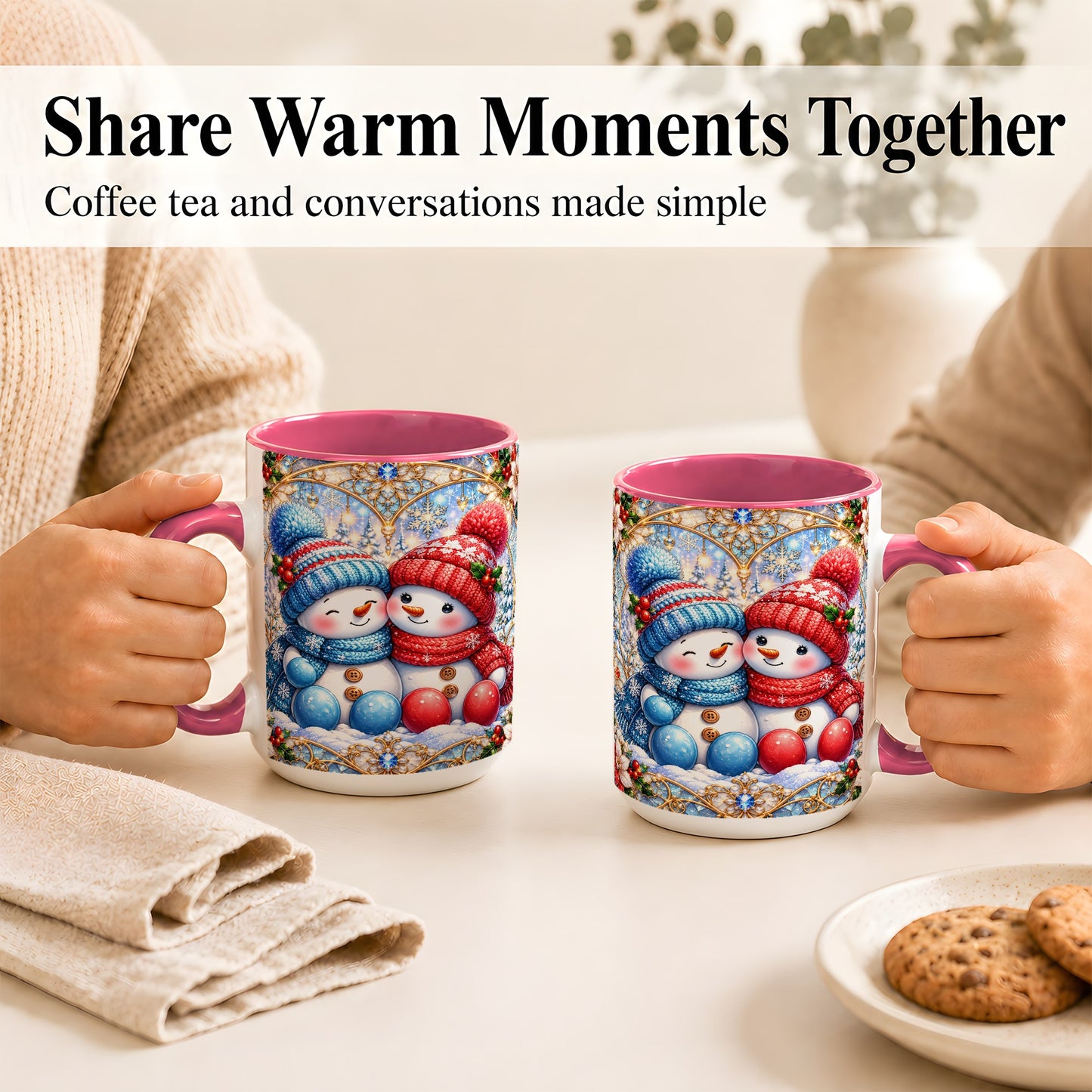 #pl[15oz|Pink] Snowman Couple Coffee Mug, Christmas Snowman Mug, Ceramic Cup