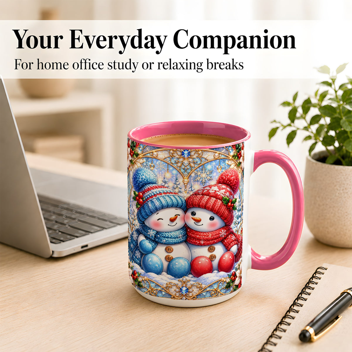 #pl[15oz|Pink] Snowman Couple Coffee Mug, Christmas Snowman Mug, Ceramic Cup