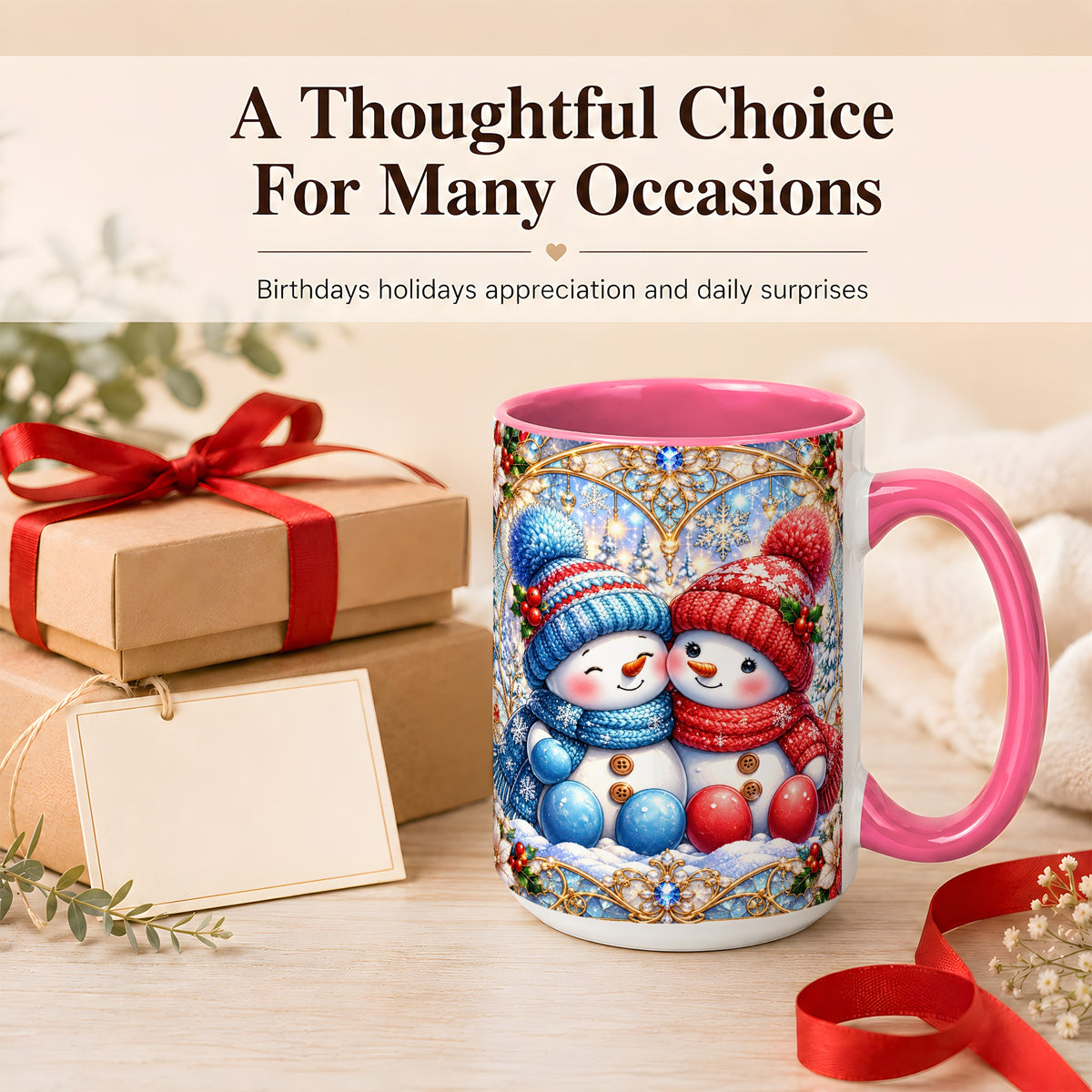 #pl[15oz|Pink] Snowman Couple Coffee Mug, Christmas Snowman Mug, Ceramic Cup