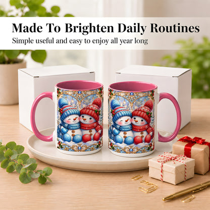 #pl[15oz|Pink] Snowman Couple Coffee Mug, Christmas Snowman Mug, Ceramic Cup