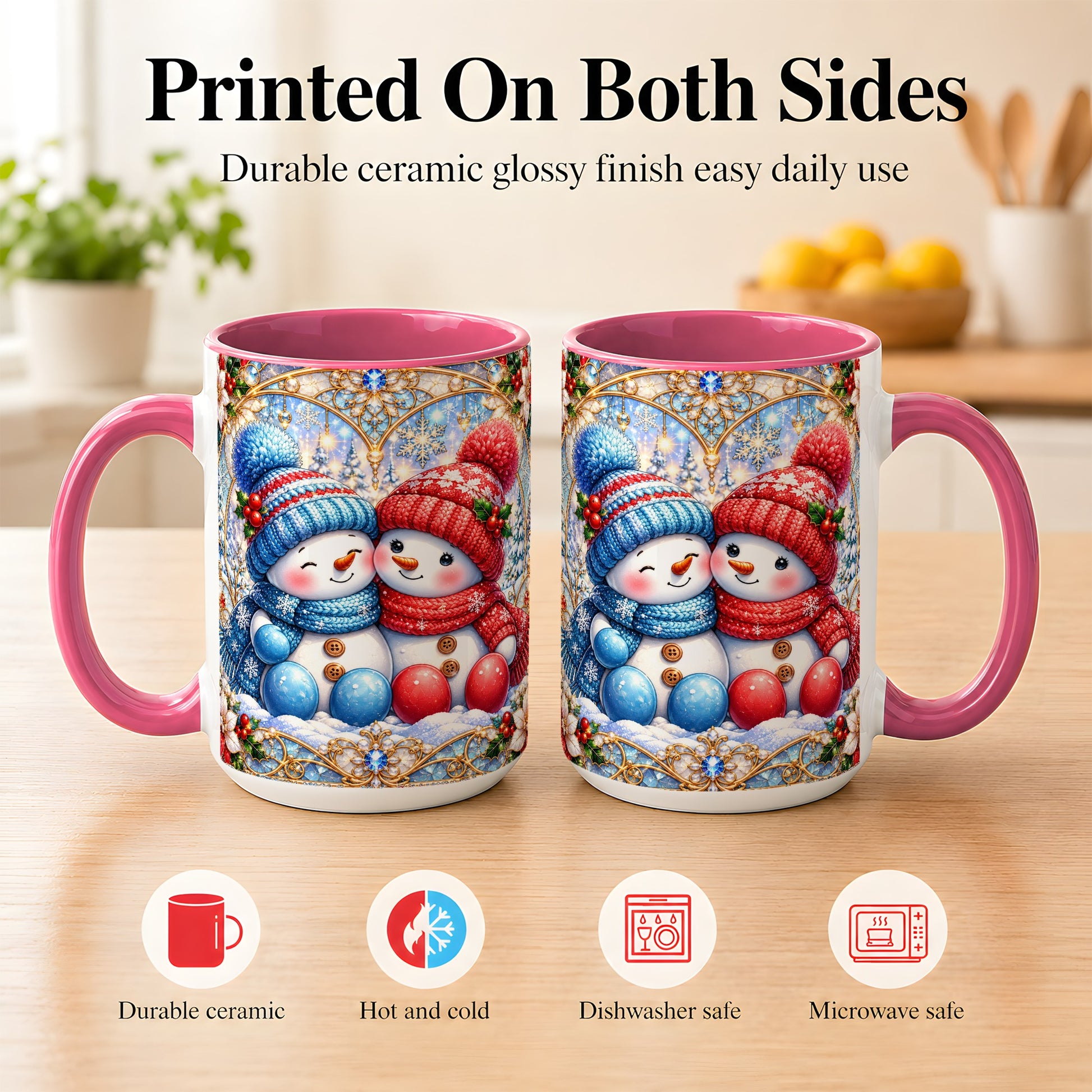 #pl[15oz|Pink] Snowman Couple Coffee Mug, Christmas Snowman Mug, Ceramic Cup