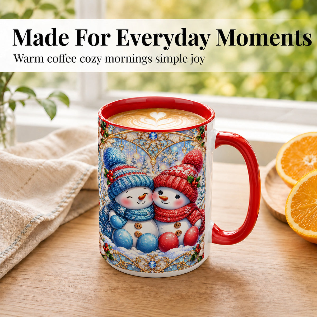 #pl[15oz|Red] Snowman Couple Coffee Mug, Christmas Snowman Mug, Ceramic Cup