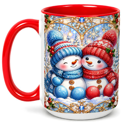 #pl[15oz|Red] Snowman Couple Coffee Mug, Christmas Snowman Mug, Ceramic Cup