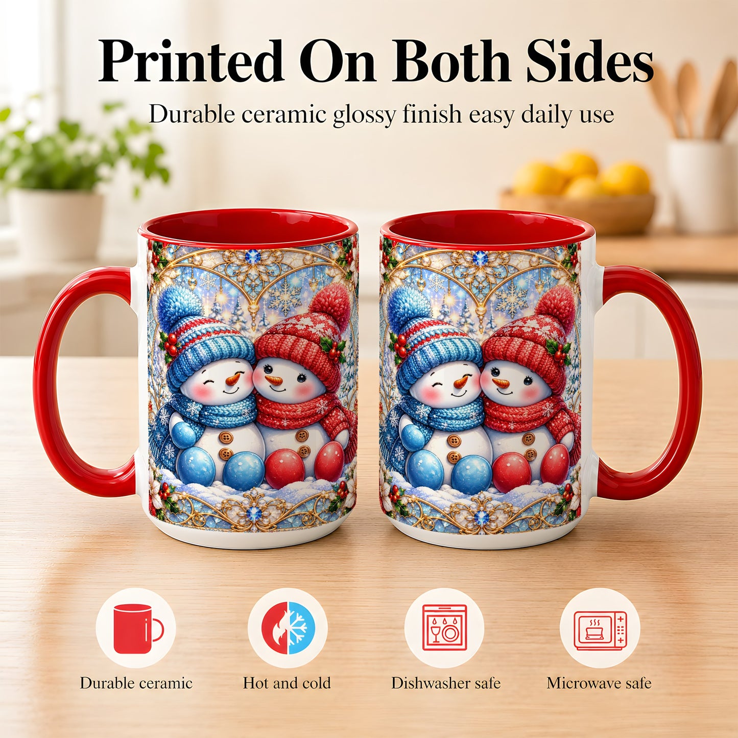 #pl[15oz|Red] Snowman Couple Coffee Mug, Christmas Snowman Mug, Ceramic Cup