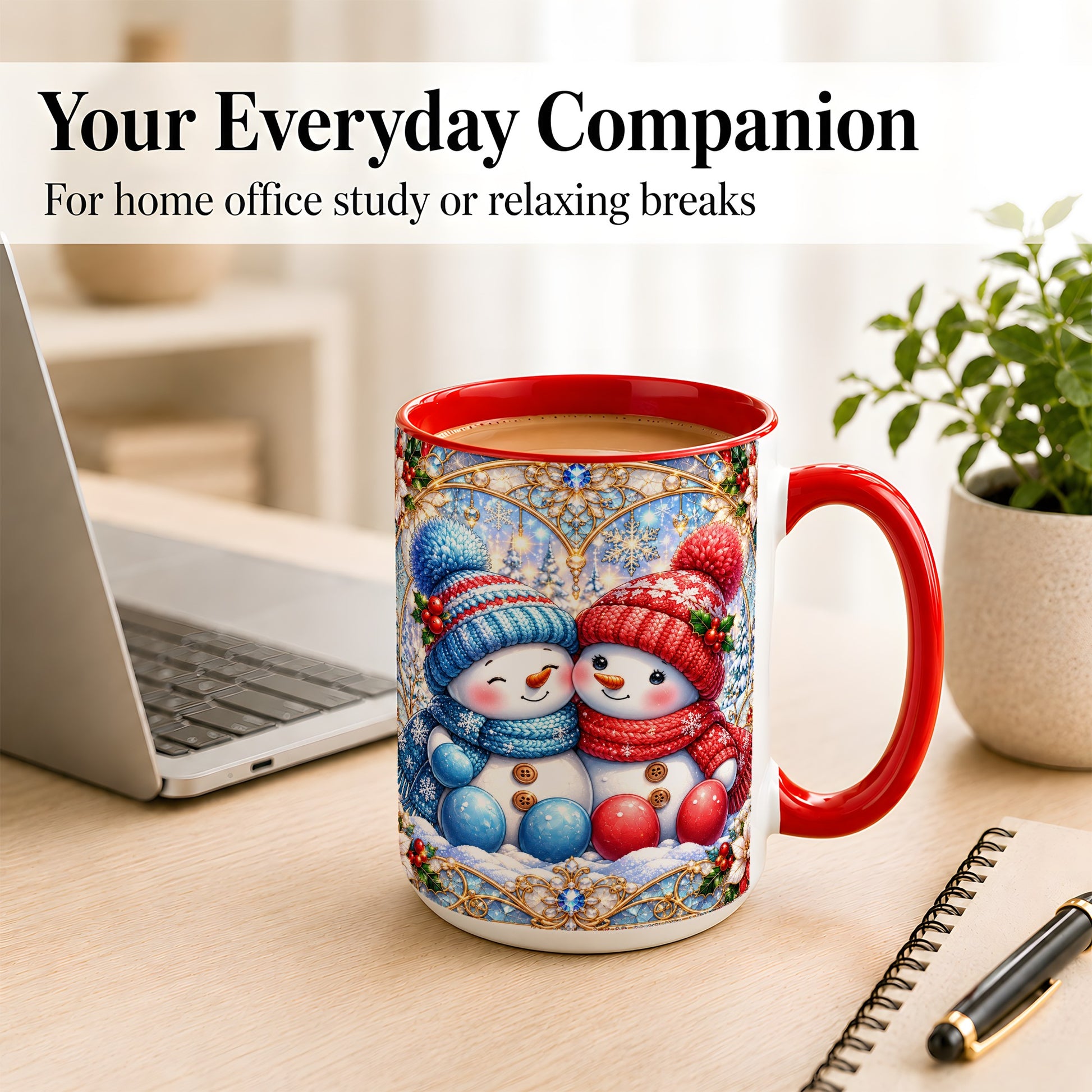 #pl[15oz|Red] Snowman Couple Coffee Mug, Christmas Snowman Mug, Ceramic Cup