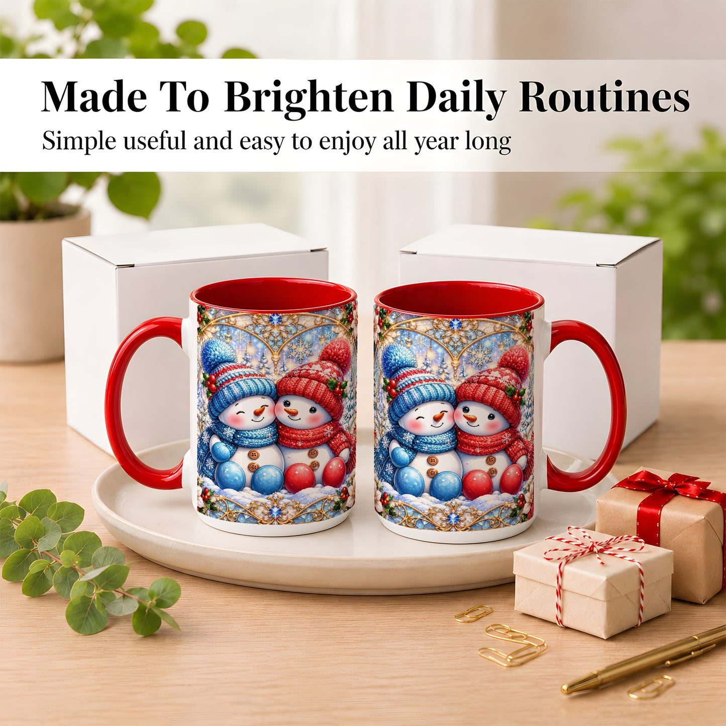 #pl[15oz|Red] Snowman Couple Coffee Mug, Christmas Snowman Mug, Ceramic Cup