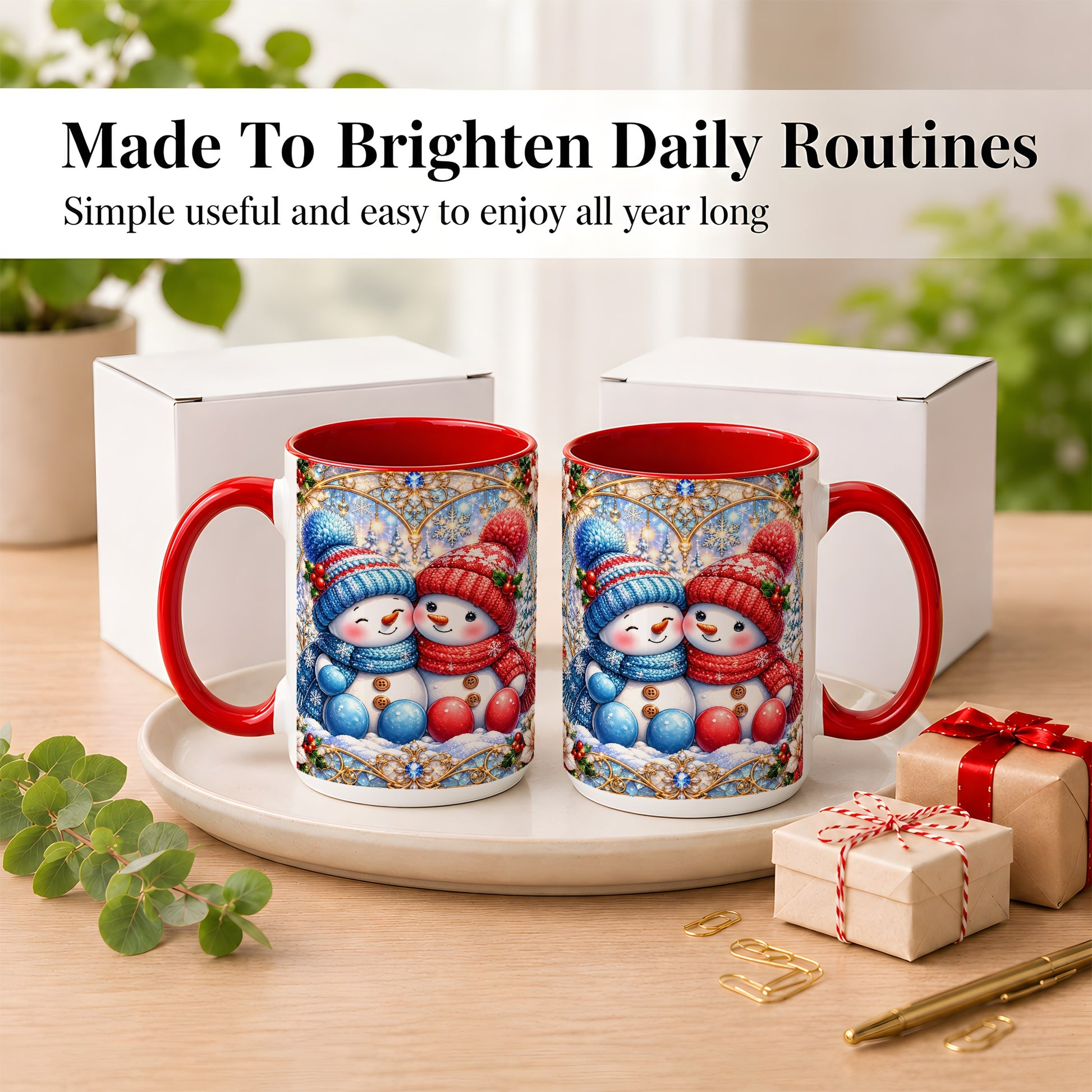 #pl[15oz|Red] Snowman Couple Coffee Mug, Christmas Snowman Mug, Ceramic Cup