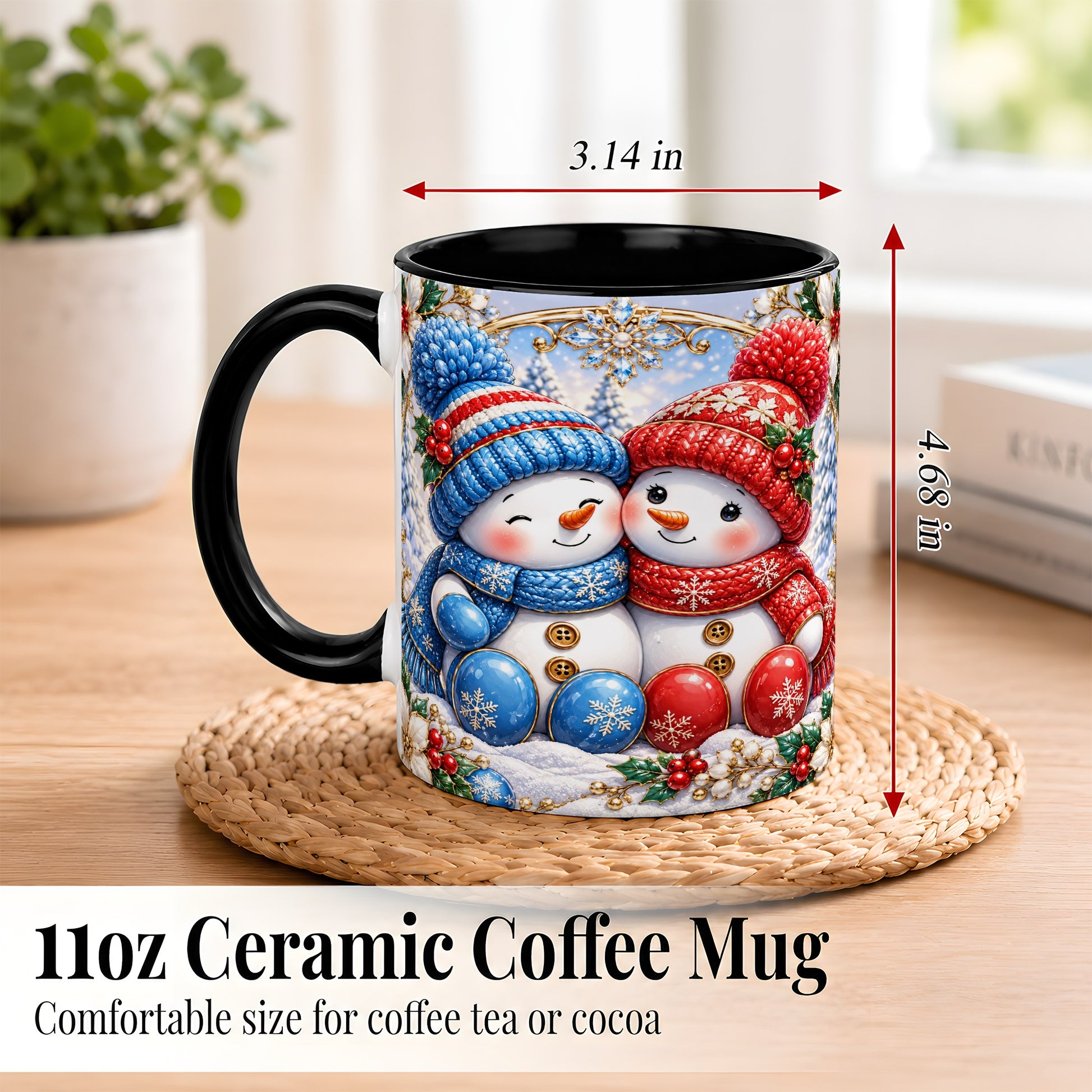 #pl[11oz|Black] Snowman Couple Coffee Mug, Christmas Snowman Mug, Ceramic Cup