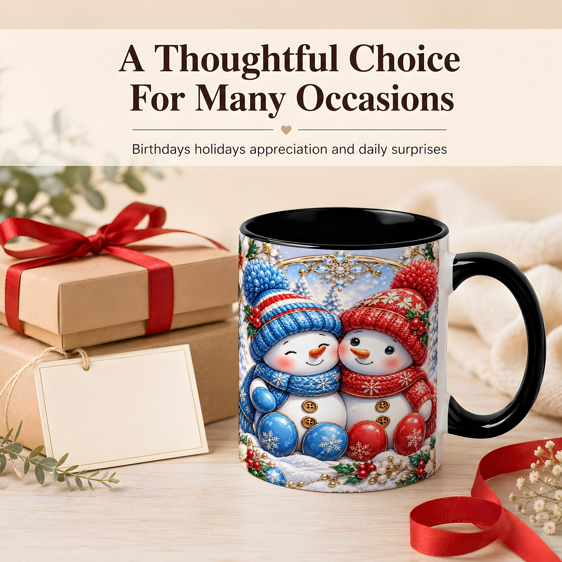 #pl[11oz|Black] Snowman Couple Coffee Mug, Christmas Snowman Mug, Ceramic Cup