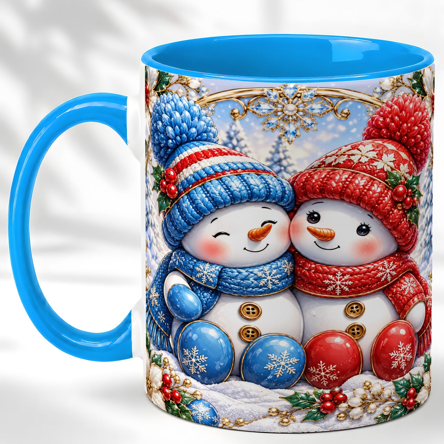 #pl[11oz|Blue] Snowman Couple Coffee Mug, Christmas Snowman Mug, Ceramic Cup