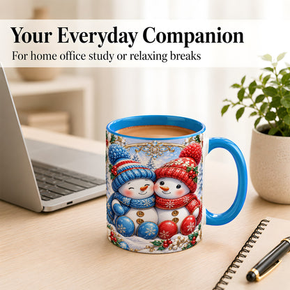 #pl[11oz|Blue] Snowman Couple Coffee Mug, Christmas Snowman Mug, Ceramic Cup