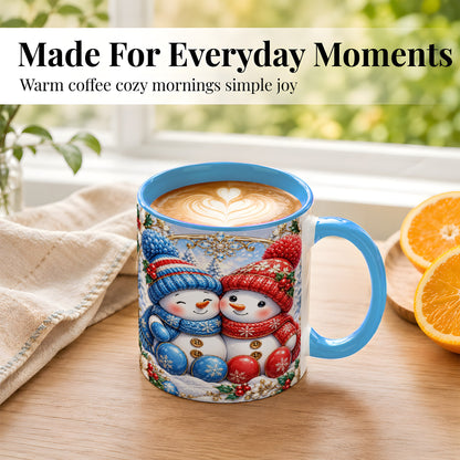 #pl[11oz|Blue] Snowman Couple Coffee Mug, Christmas Snowman Mug, Ceramic Cup