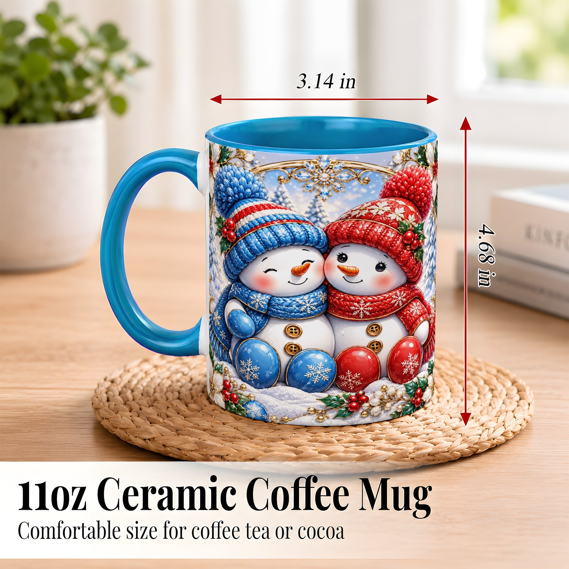 #pl[11oz|Blue] Snowman Couple Coffee Mug, Christmas Snowman Mug, Ceramic Cup