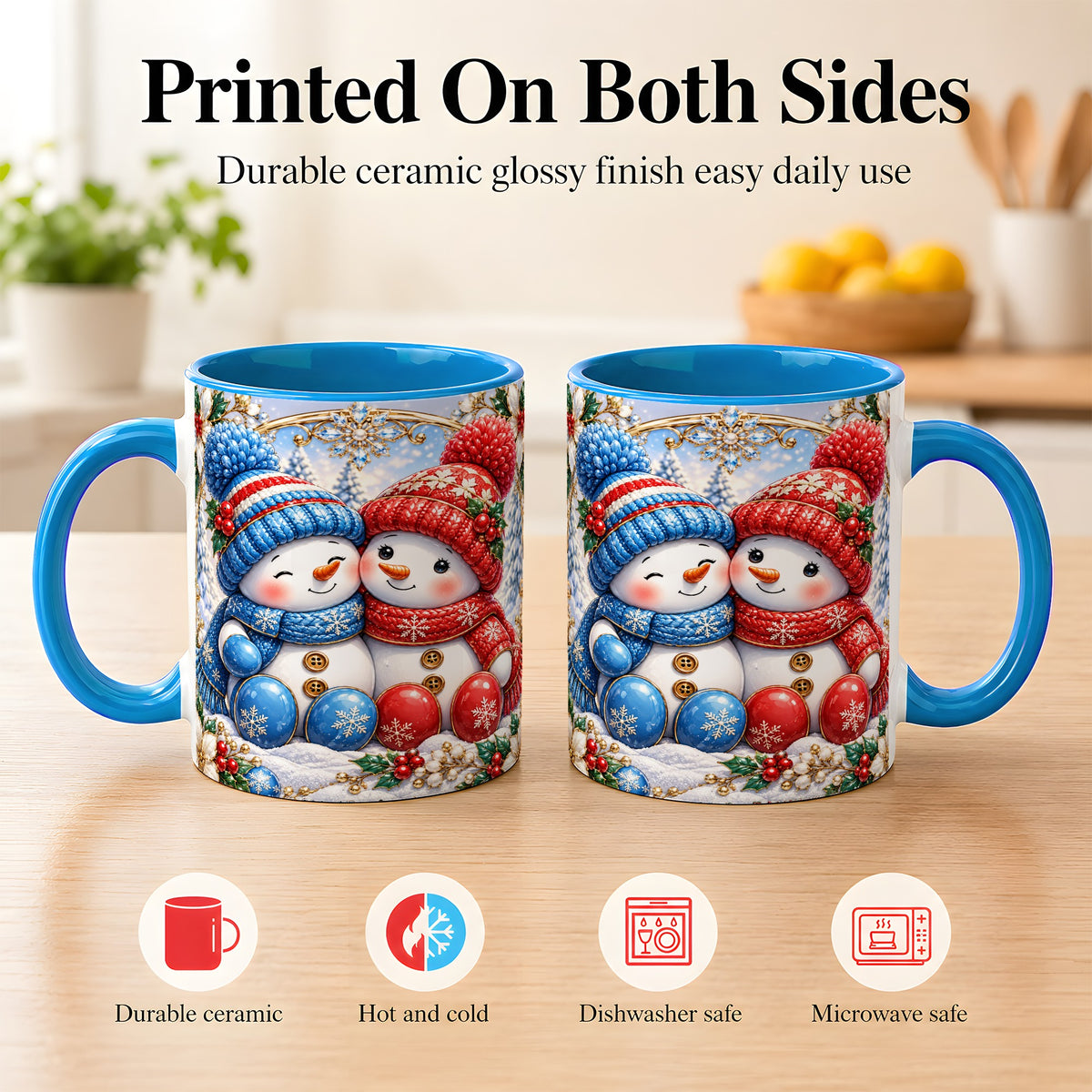 #pl[11oz|Blue] Snowman Couple Coffee Mug, Christmas Snowman Mug, Ceramic Cup