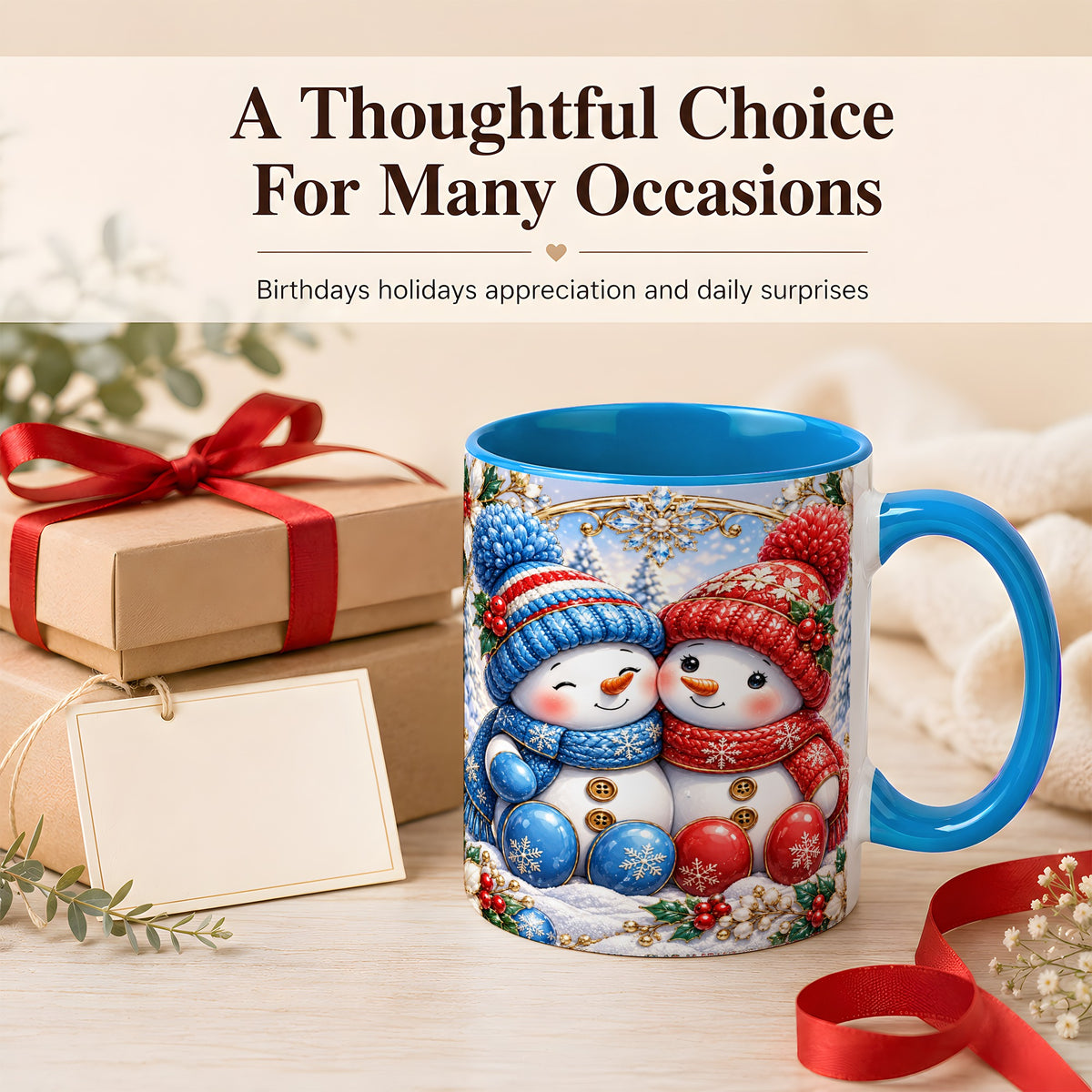 #pl[11oz|Blue] Snowman Couple Coffee Mug, Christmas Snowman Mug, Ceramic Cup