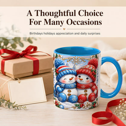#pl[11oz|Blue] Snowman Couple Coffee Mug, Christmas Snowman Mug, Ceramic Cup