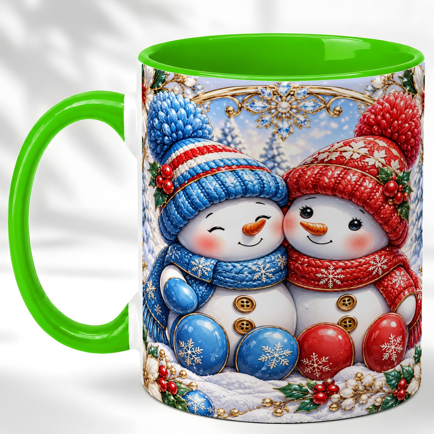 #pl[11oz|Green] Snowman Couple Coffee Mug, Christmas Snowman Mug, Ceramic Cup