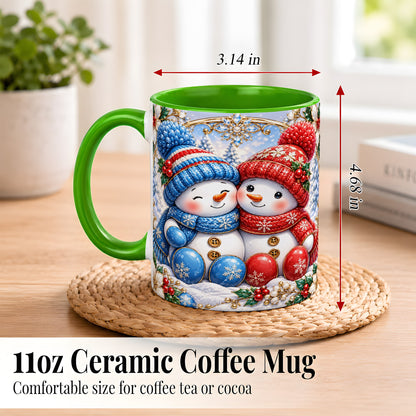 #pl[11oz|Green] Snowman Couple Coffee Mug, Christmas Snowman Mug, Ceramic Cup