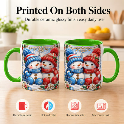 #pl[11oz|Green] Snowman Couple Coffee Mug, Christmas Snowman Mug, Ceramic Cup