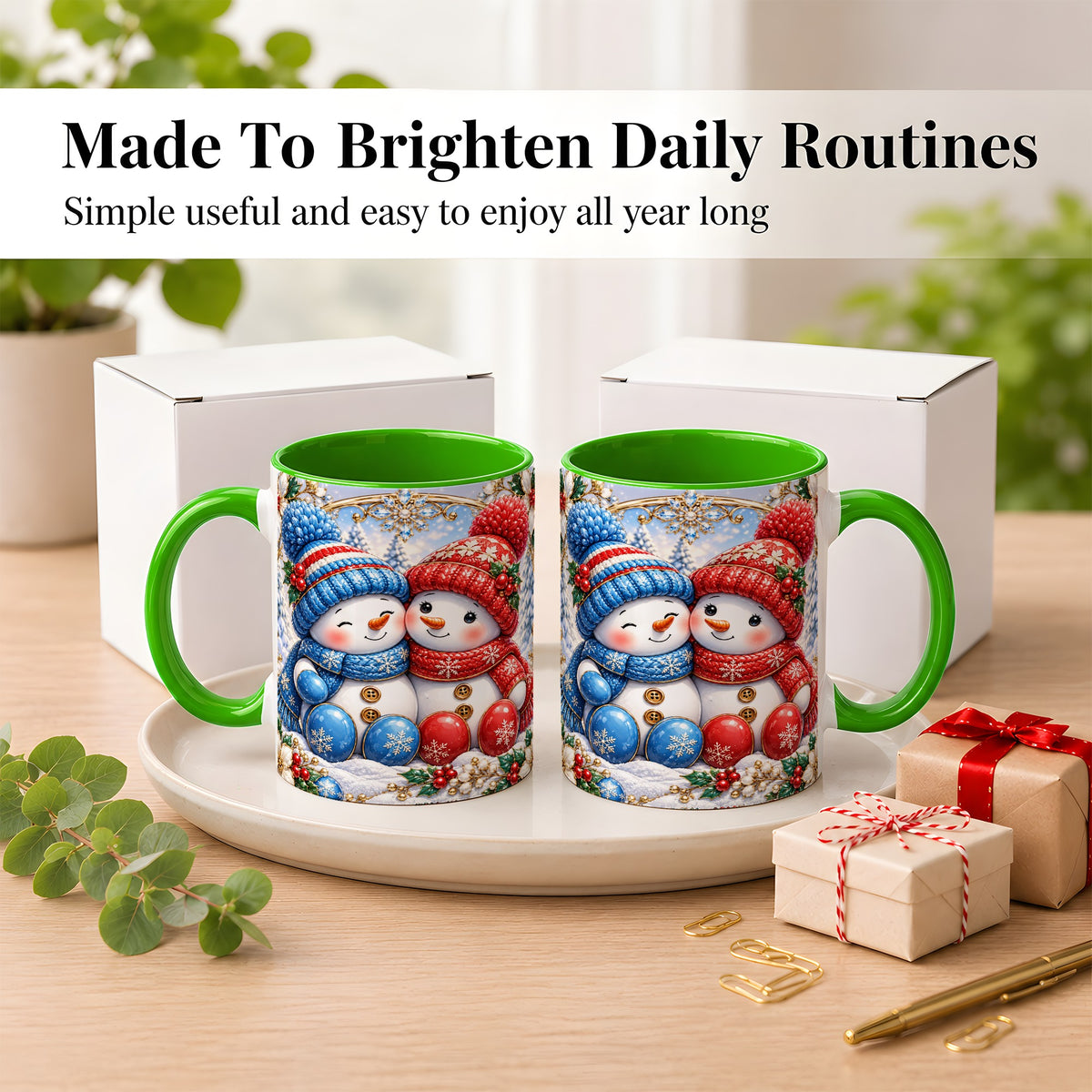 #pl[11oz|Green] Snowman Couple Coffee Mug, Christmas Snowman Mug, Ceramic Cup