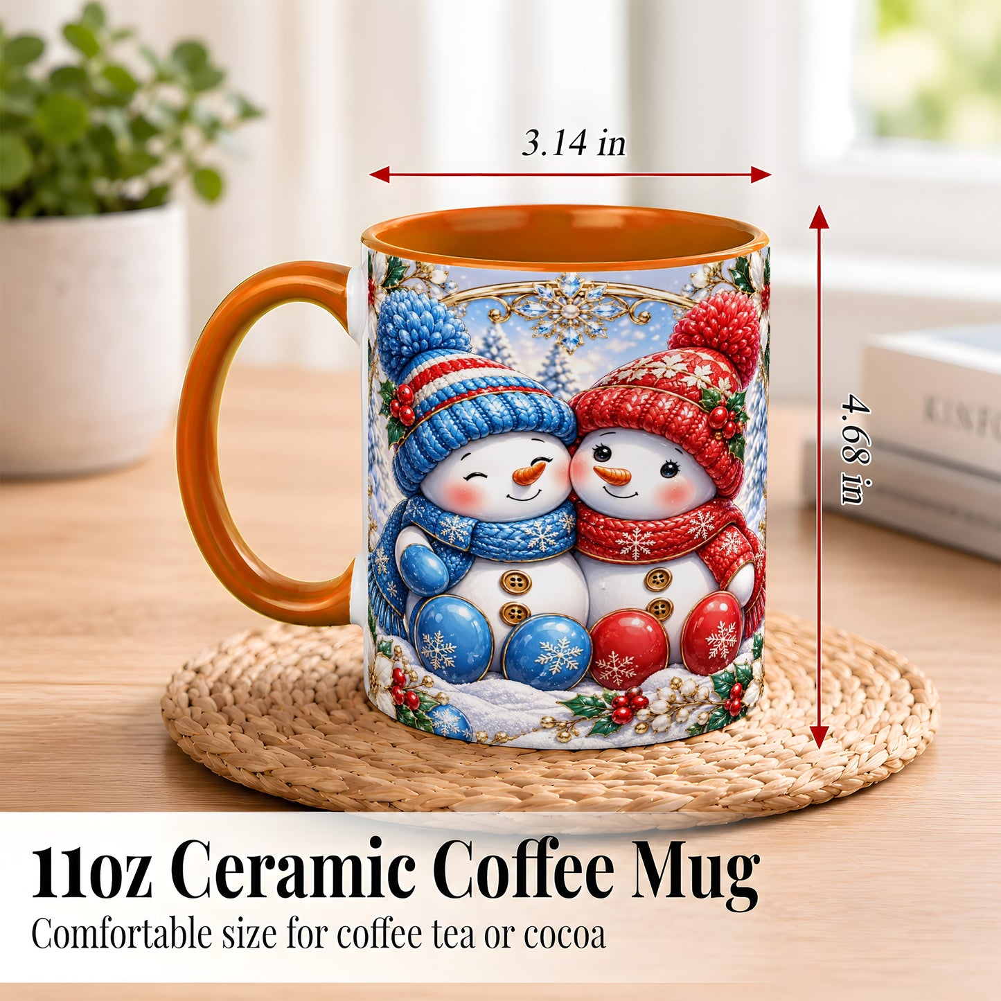 #pl[11oz|Orange] Snowman Couple Coffee Mug, Christmas Snowman Mug, Ceramic Cup
