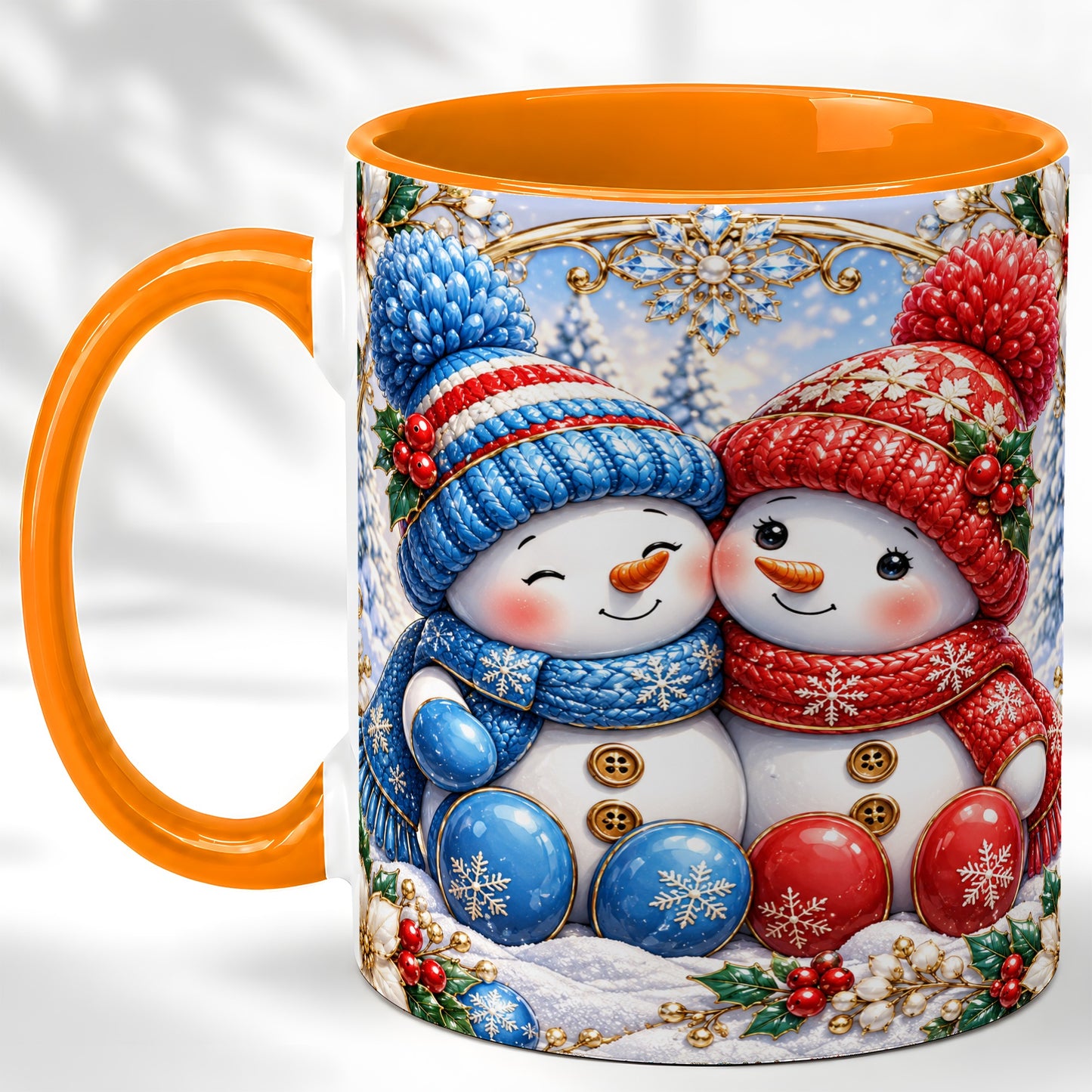 #pl[11oz|Orange] Snowman Couple Coffee Mug, Christmas Snowman Mug, Ceramic Cup