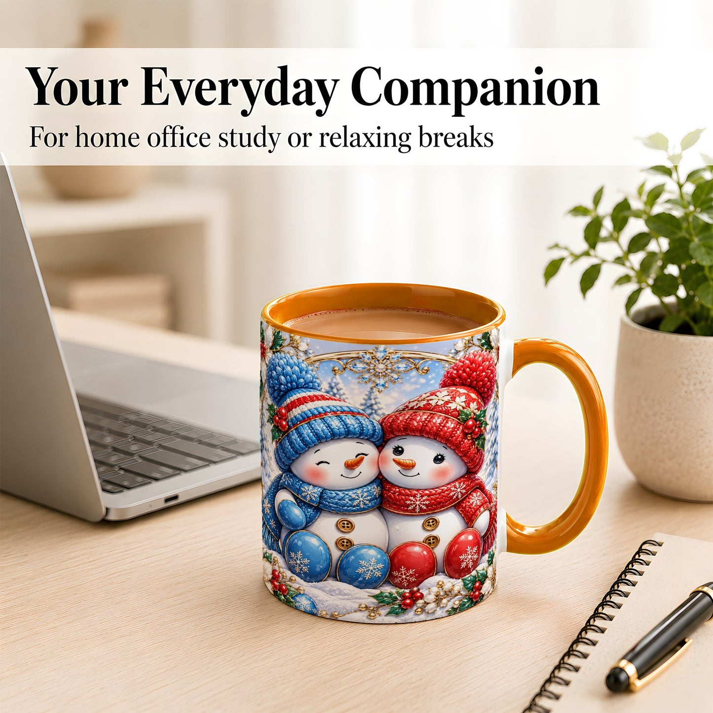 #pl[11oz|Orange] Snowman Couple Coffee Mug, Christmas Snowman Mug, Ceramic Cup