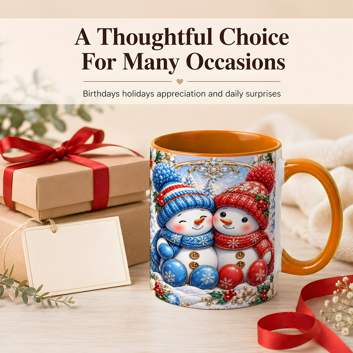 #pl[11oz|Orange] Snowman Couple Coffee Mug, Christmas Snowman Mug, Ceramic Cup