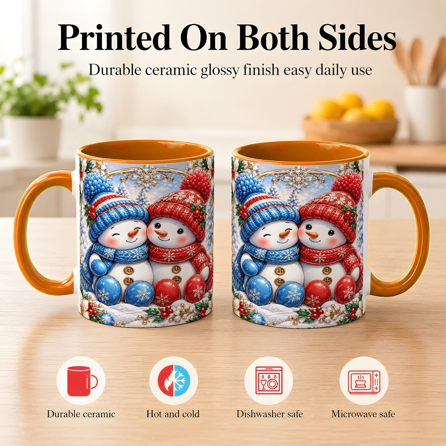 #pl[11oz|Orange] Snowman Couple Coffee Mug, Christmas Snowman Mug, Ceramic Cup