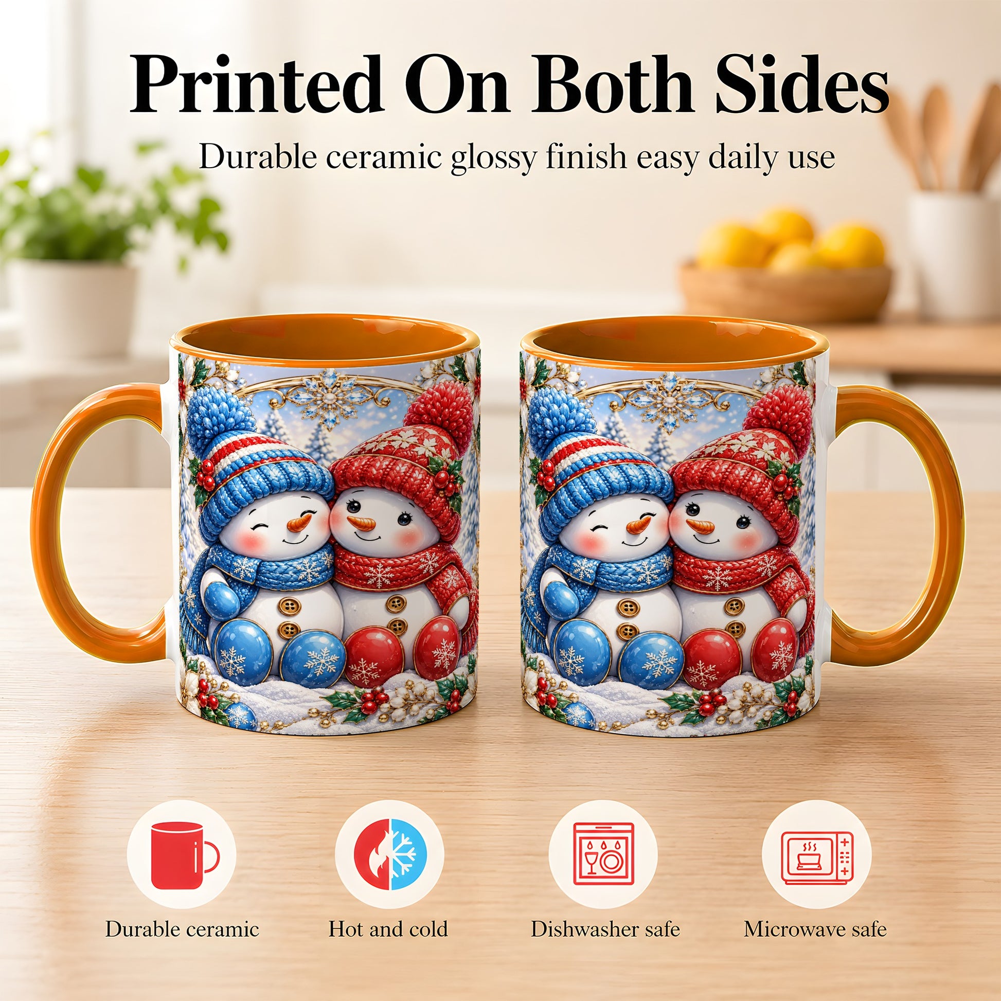 #pl[11oz|Orange] Snowman Couple Coffee Mug, Christmas Snowman Mug, Ceramic Cup