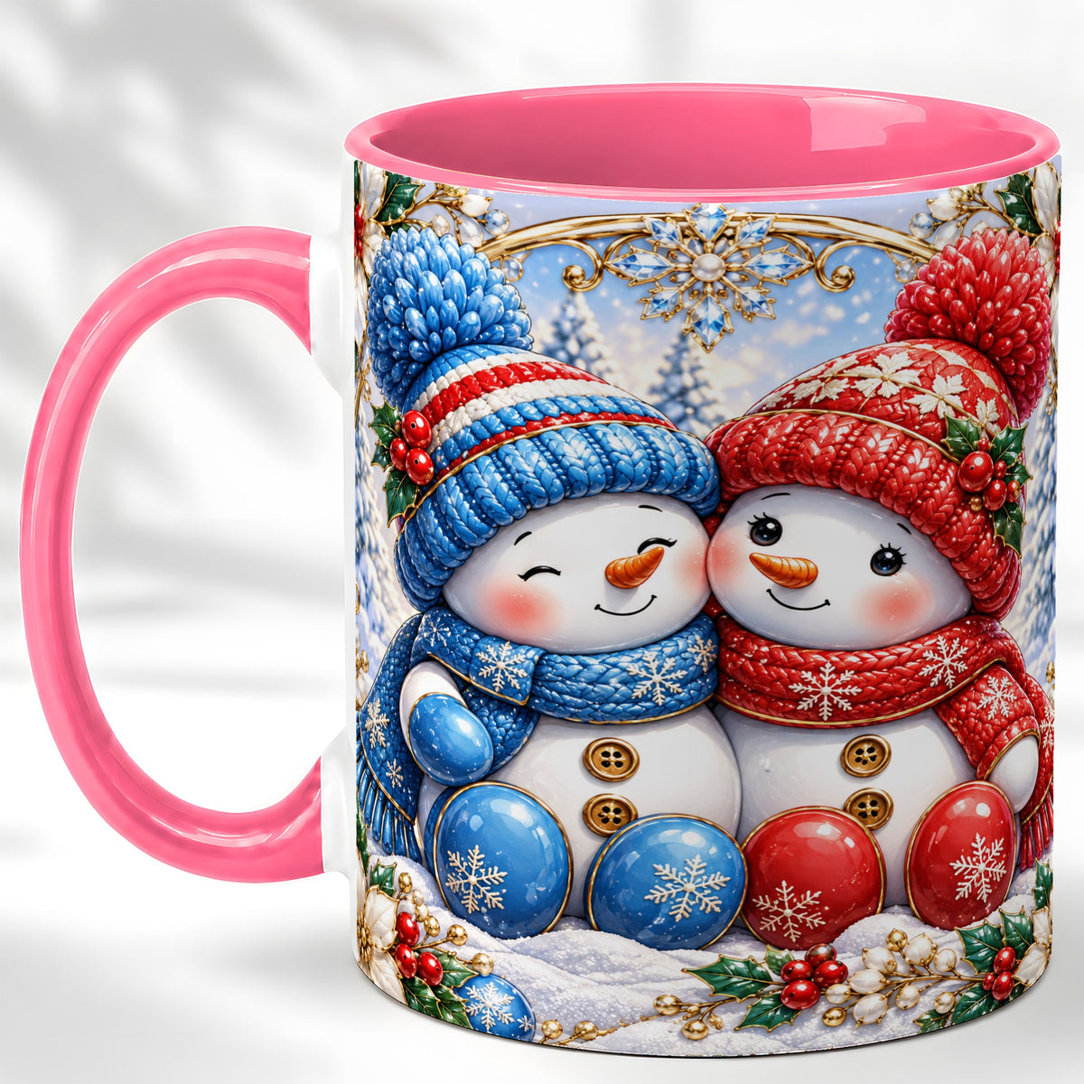 #pl[11oz|Pink] Snowman Couple Coffee Mug, Christmas Snowman Mug, Ceramic Cup