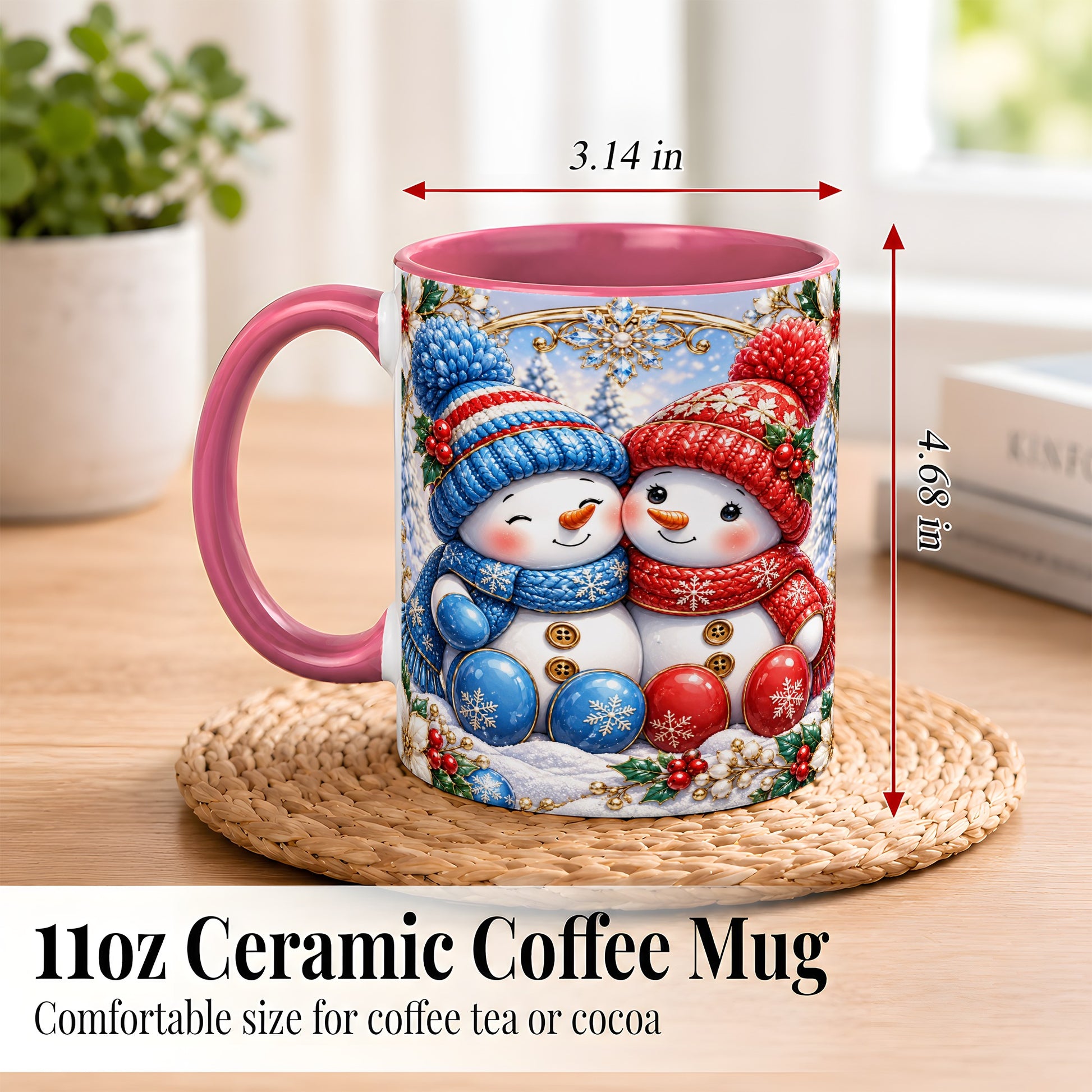 #pl[11oz|Pink] Snowman Couple Coffee Mug, Christmas Snowman Mug, Ceramic Cup