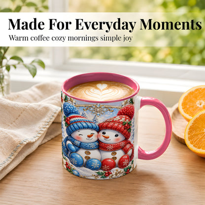 #pl[11oz|Pink] Snowman Couple Coffee Mug, Christmas Snowman Mug, Ceramic Cup