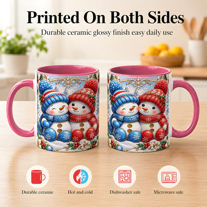 #pl[11oz|Pink] Snowman Couple Coffee Mug, Christmas Snowman Mug, Ceramic Cup