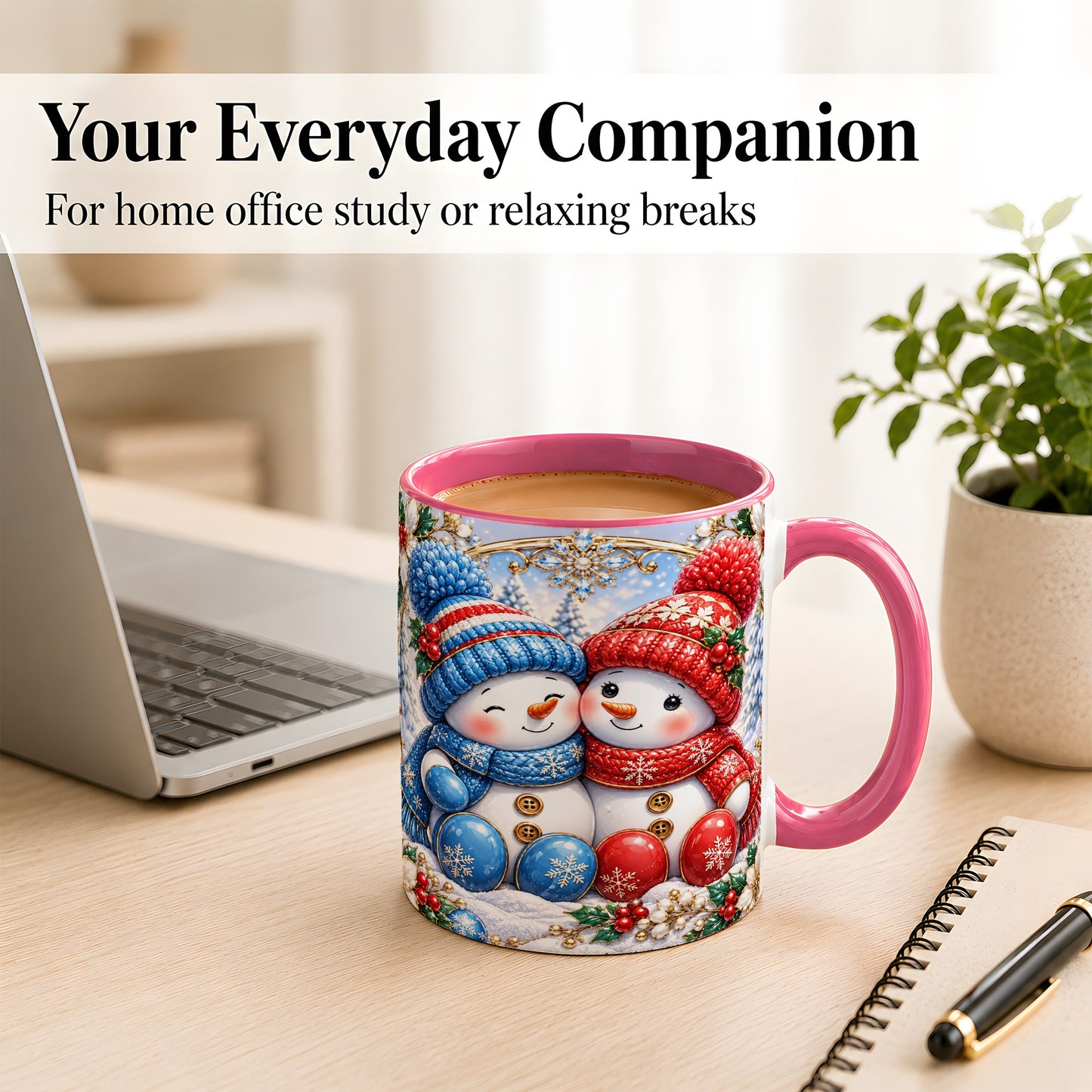 #pl[11oz|Pink] Snowman Couple Coffee Mug, Christmas Snowman Mug, Ceramic Cup