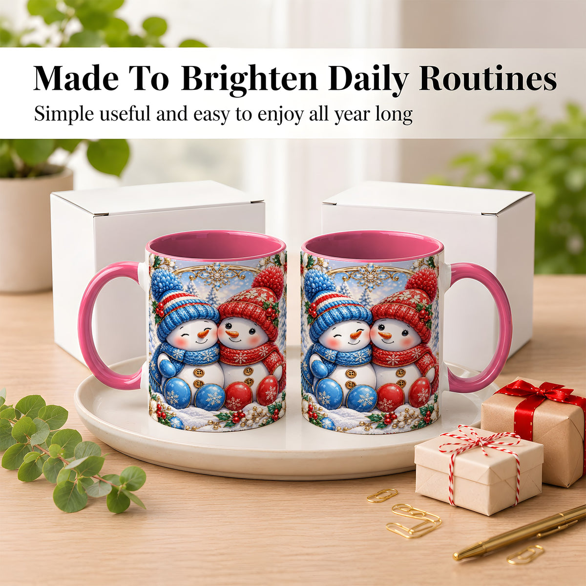 #pl[11oz|Pink] Snowman Couple Coffee Mug, Christmas Snowman Mug, Ceramic Cup