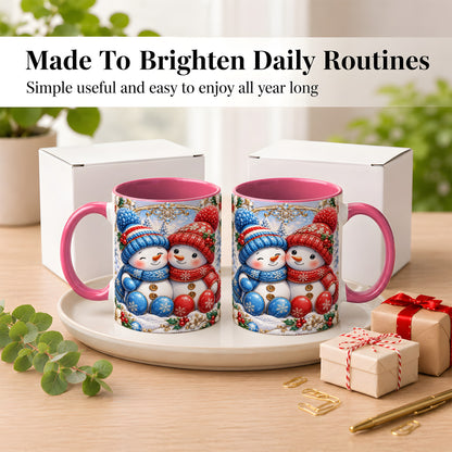 #pl[11oz|Pink] Snowman Couple Coffee Mug, Christmas Snowman Mug, Ceramic Cup