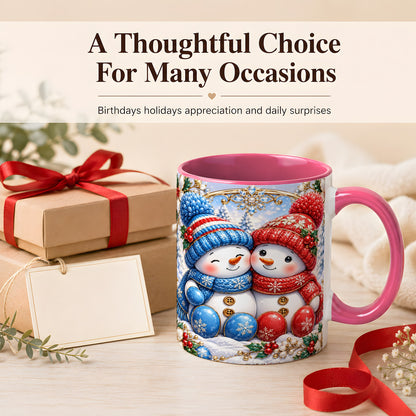#pl[11oz|Pink] Snowman Couple Coffee Mug, Christmas Snowman Mug, Ceramic Cup