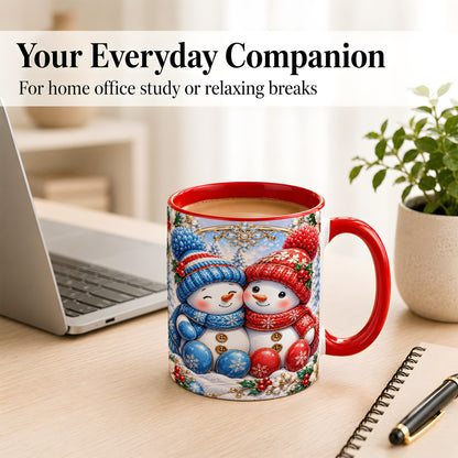 #pl[11oz|Red] Snowman Couple Coffee Mug, Christmas Snowman Mug, Ceramic Cup
