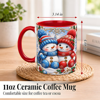 #pl[11oz|Red] Snowman Couple Coffee Mug, Christmas Snowman Mug, Ceramic Cup