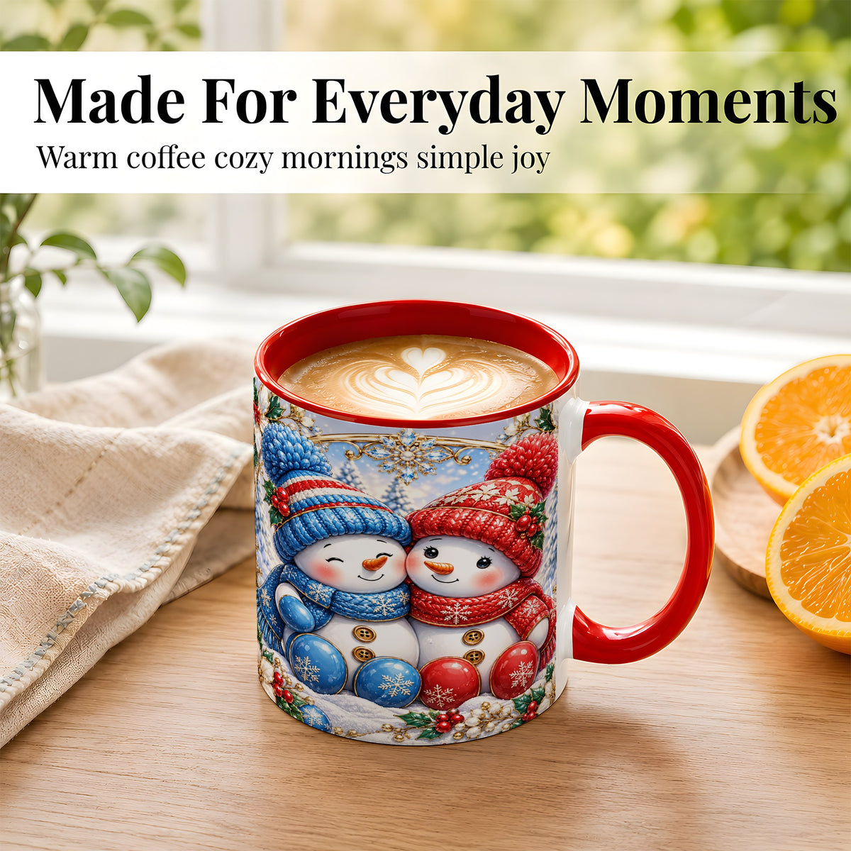 #pl[11oz|Red] Snowman Couple Coffee Mug, Christmas Snowman Mug, Ceramic Cup