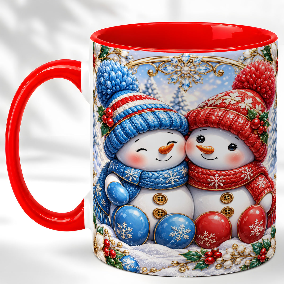 Snowman Couple Coffee Mug, Christmas Snowman Mug, Ceramic Cup