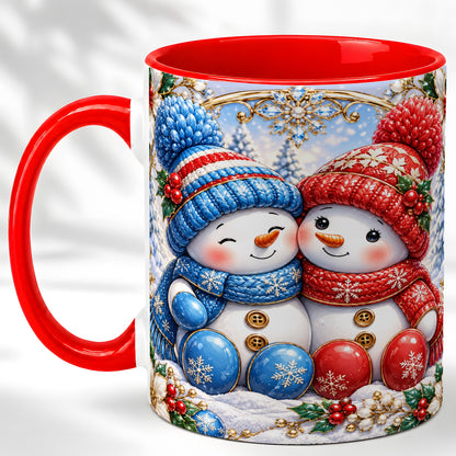 Snowman Couple Coffee Mug, Christmas Snowman Mug, Ceramic Cup