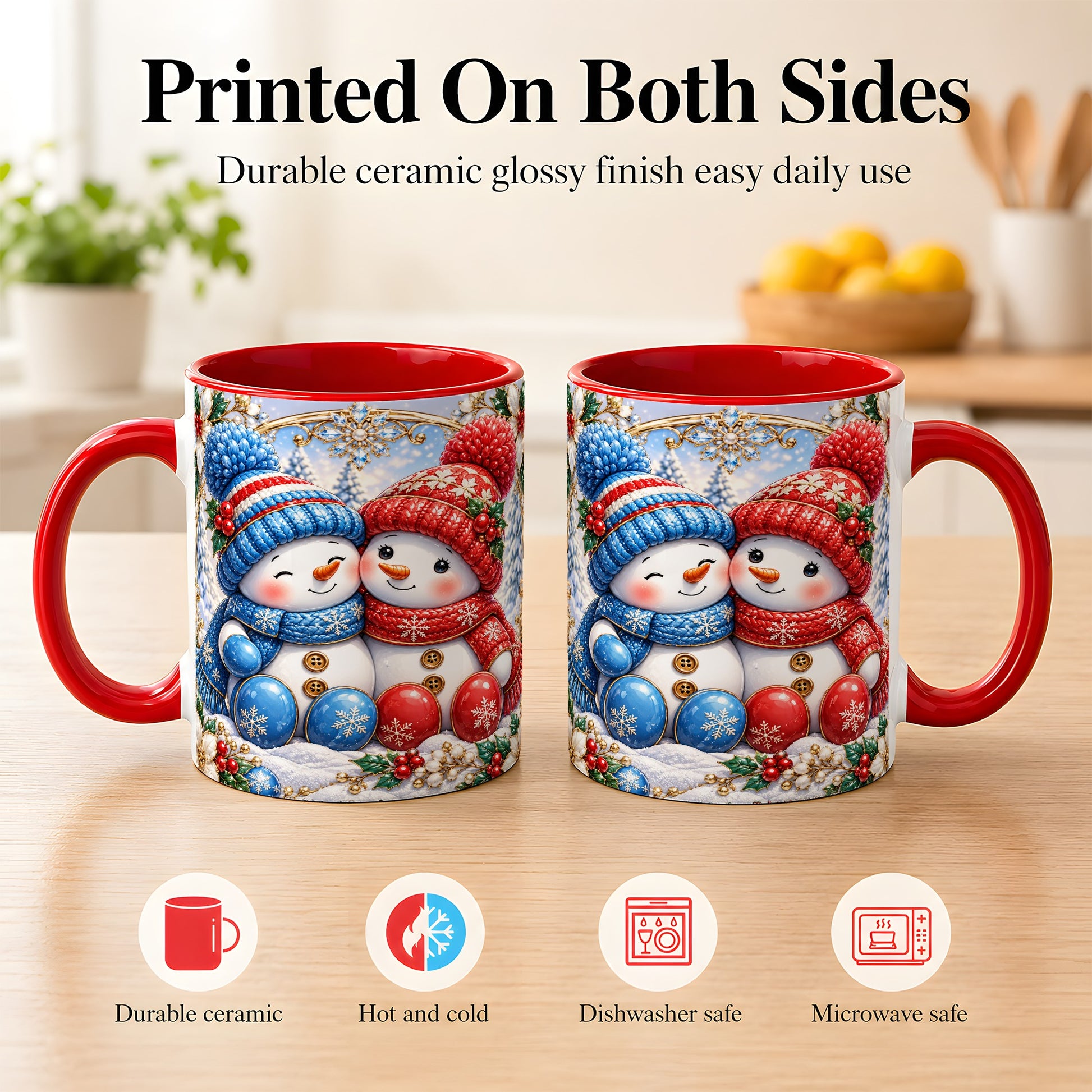 #pl[11oz|Red] Snowman Couple Coffee Mug, Christmas Snowman Mug, Ceramic Cup